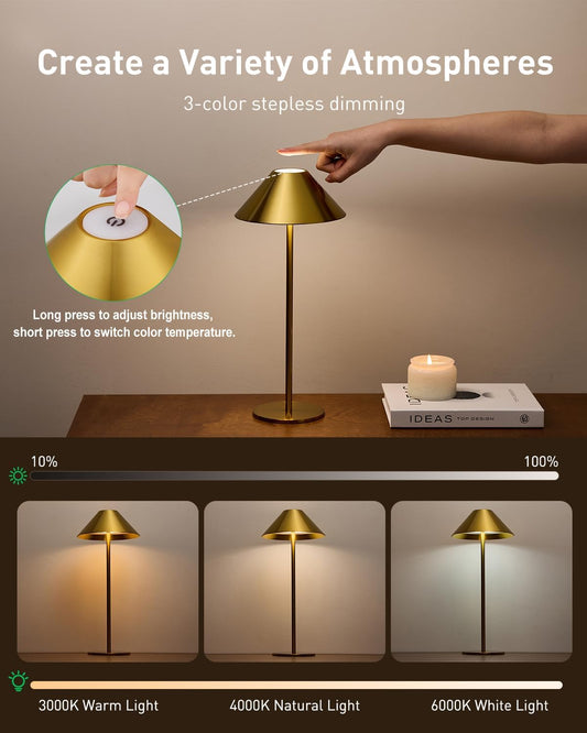 Bojim Gold Cordless Table Lamp, Rechargeable Touch Lamp with 3 Color Dimming, Wireless Battery Operated Lamp for Bedroom/Living Room