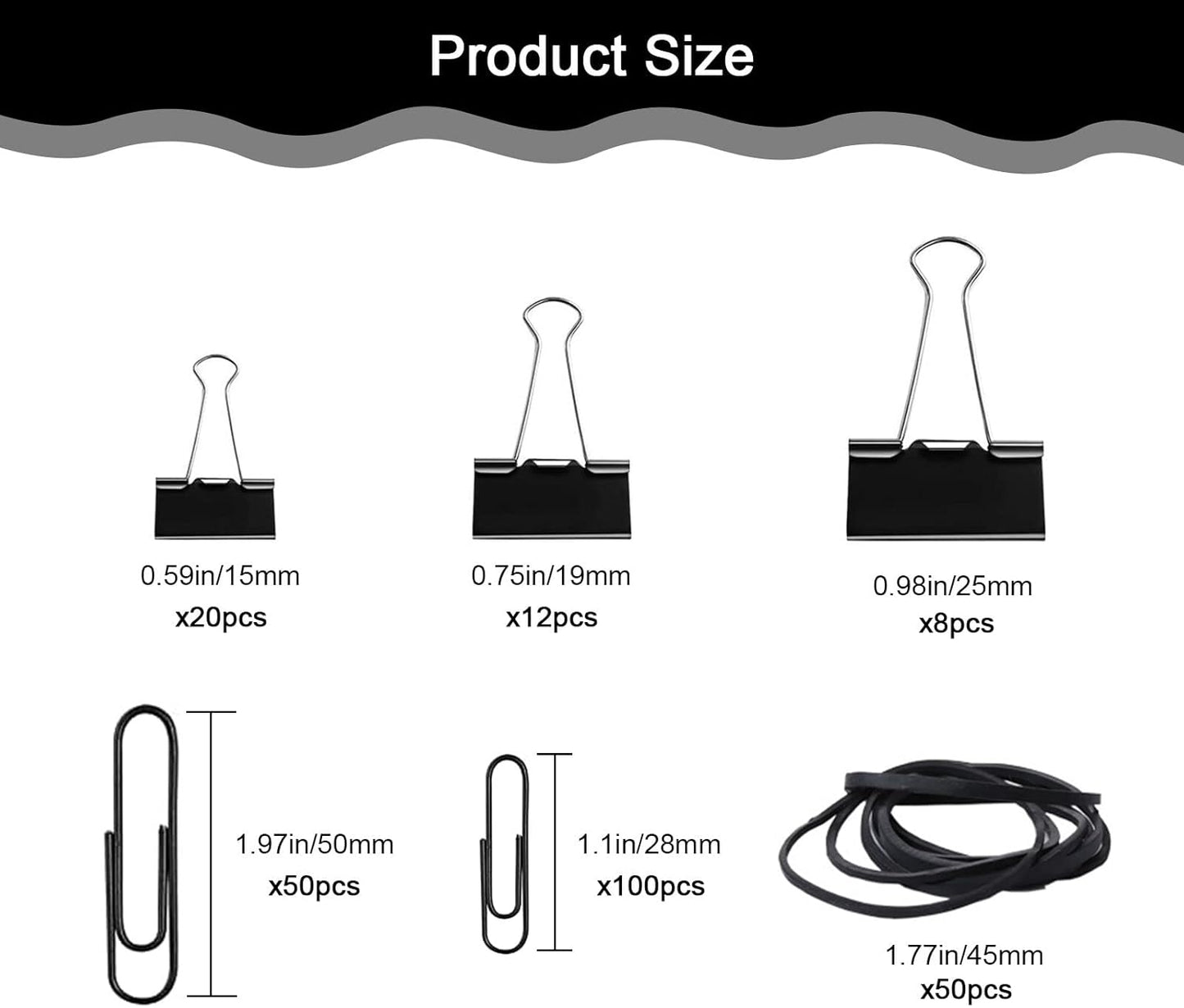 Paper Clips Binder Clips, 240pcs Black Office Clips Set - Assorted Sizes Paperclips Paper Clamps Rubber Bands for Office and School Supplies