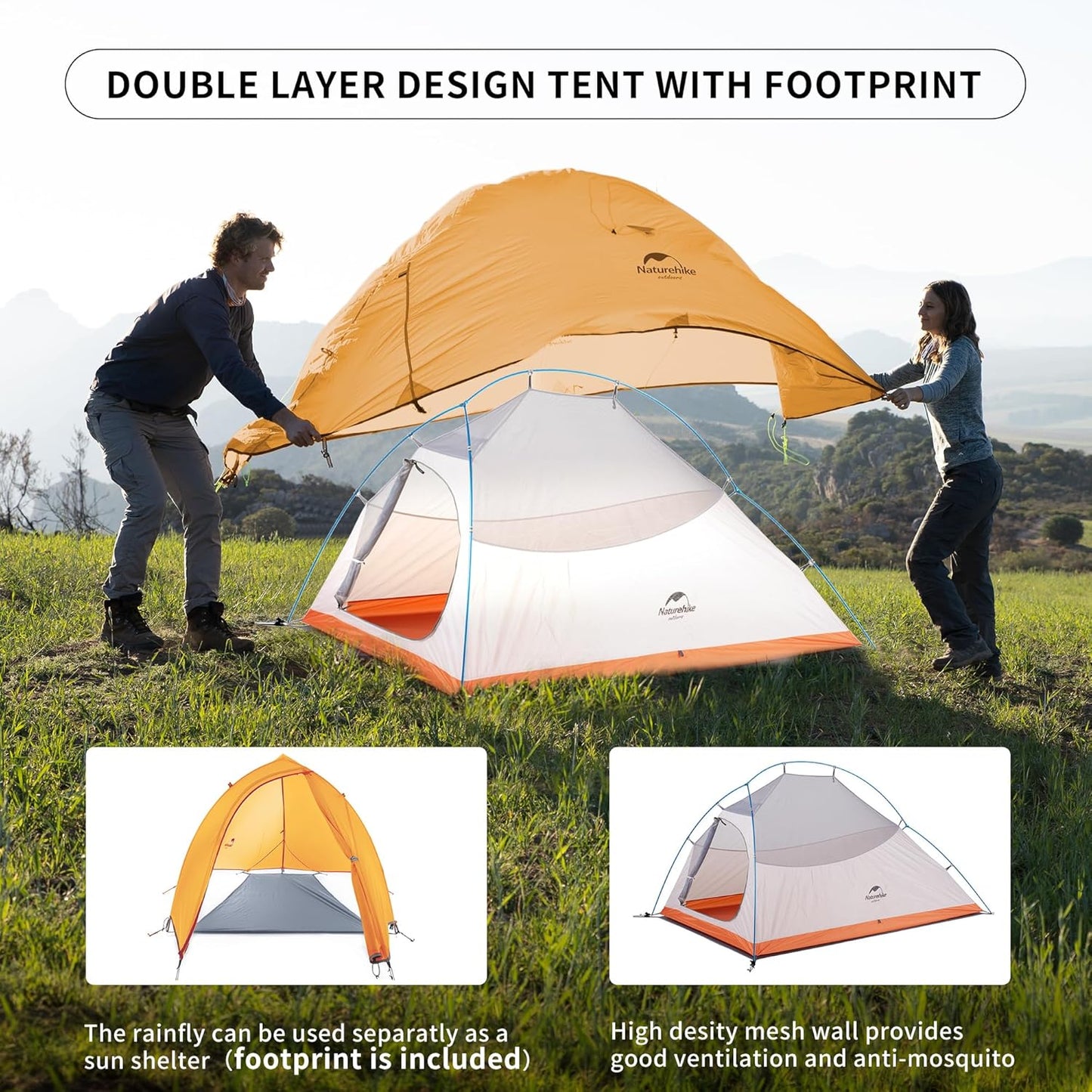 Naturehike Upgraded Cloud Up 2 Person Tent Backpacking Tent Camping Tents for 3 Season Lightweight Tents for Camping & Hiking