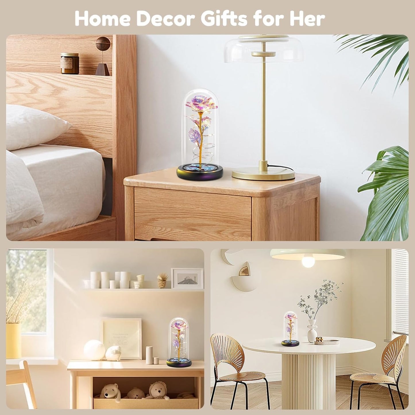 Otlonpe Birthday Gifts for Women, Mothers Day Flowers Gifts for Mom Wife from Kids Daughter Son Husband, Rainbow Light Up Rose in A Glass Dome for Mom Wife, Mother's Day, Christmas Day