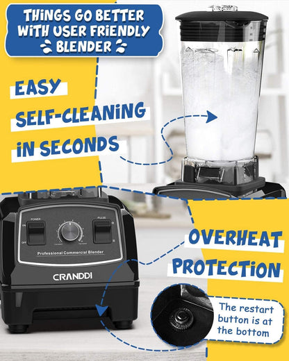 CRANDDI Professional Blender, 70oz Commercial Blender for Smoothies, 1500W Power Blender with 10 Speeds Control for Home, Self-Cleaning,YL-010 Black New