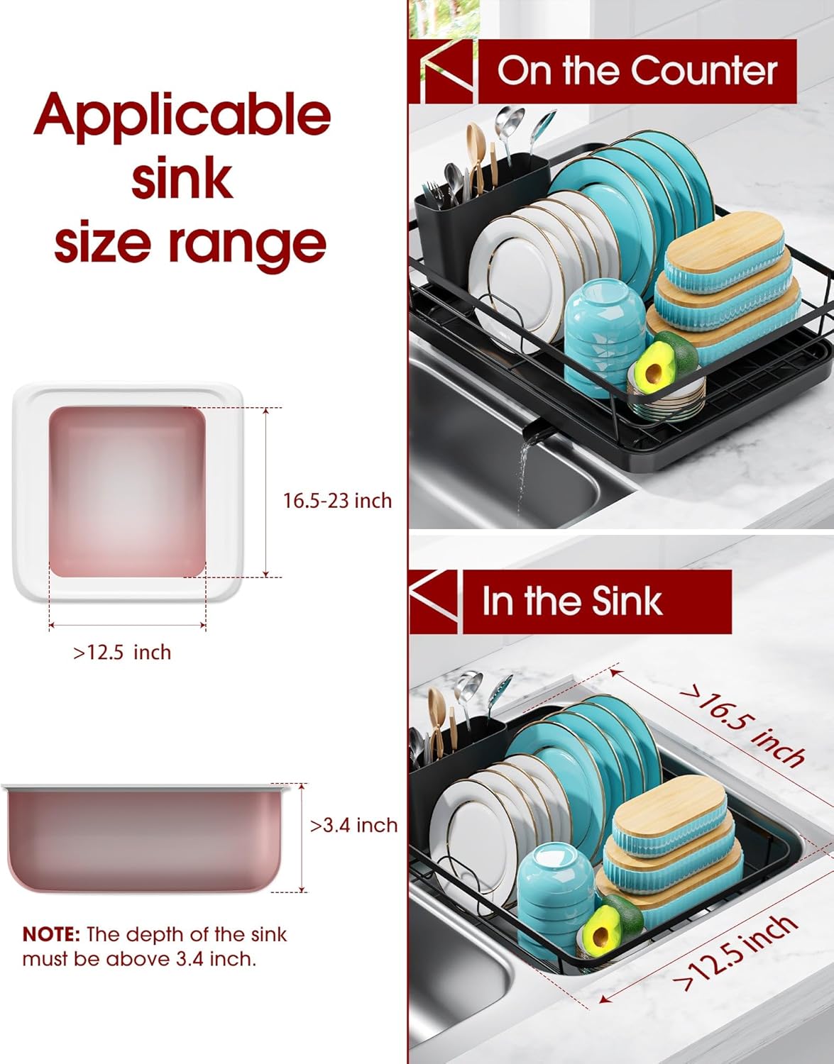 Dish Drying Rack - Compact Dish Racks with Drain Board for Kitchen Counter, Durable Stainless Steel Dish Rack Used in Sink & on Countertop, Black, Large