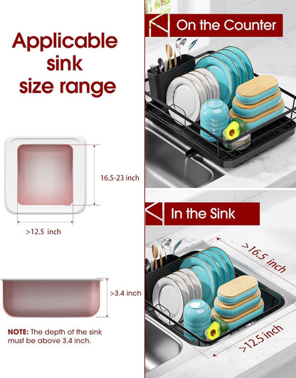 Dish Drying Rack - Compact Dish Racks with Drain Board for Kitchen Counter, Durable Stainless Steel Dish Rack Used in Sink & on Countertop, Black, Large