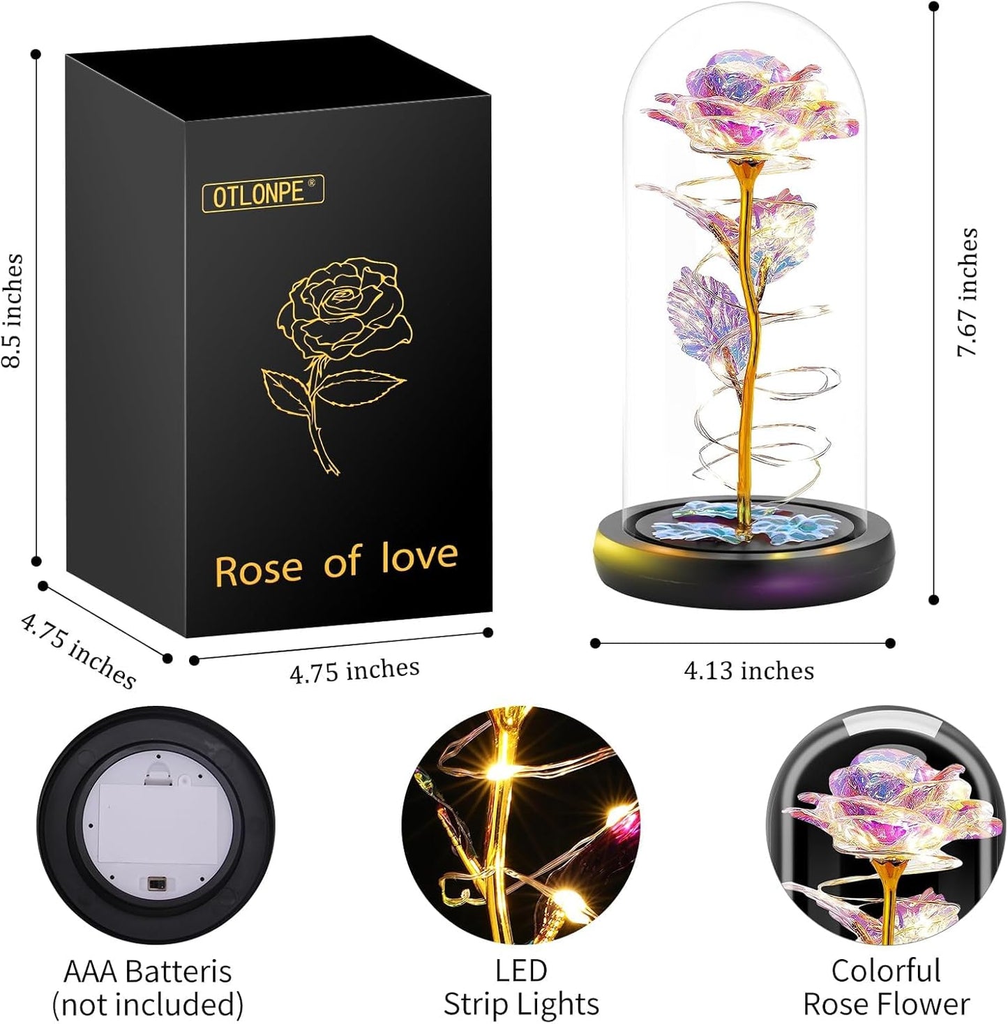 Otlonpe Birthday Gifts for Women, Mothers Day Flowers Gifts for Mom Wife from Kids Daughter Son Husband, Rainbow Light Up Rose in A Glass Dome for Mom Wife, Mother's Day, Christmas Day
