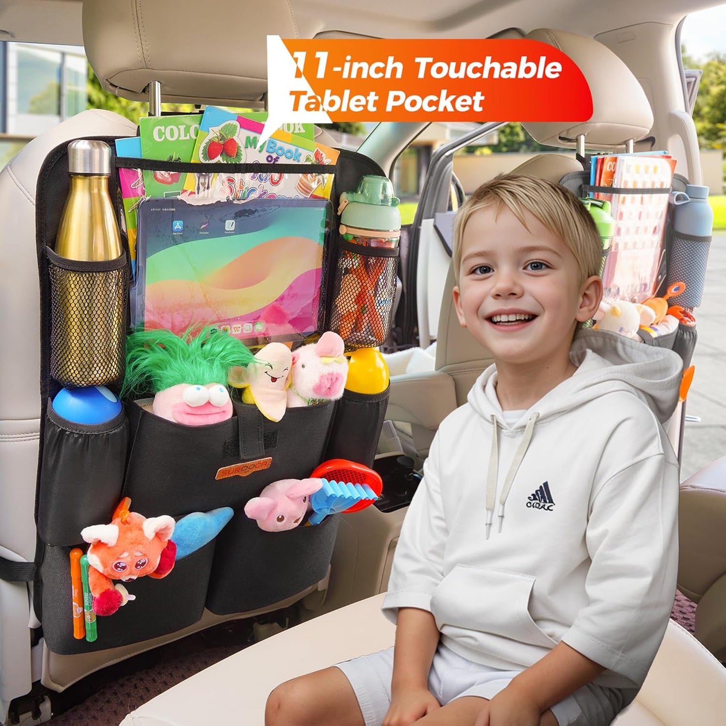 SURDOCA Backseat Car Organizer,4th Gen Back Seat Protector with 11 Inch Tablet Holder, 8 Pockets,Car Storage Accessories Back Seat Organizer for Kids