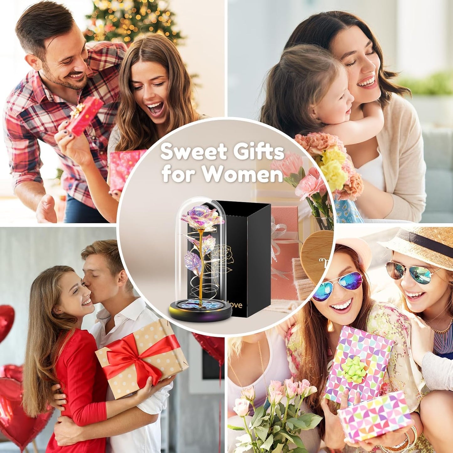 Otlonpe Birthday Gifts for Women, Mothers Day Flowers Gifts for Mom Wife from Kids Daughter Son Husband, Rainbow Light Up Rose in A Glass Dome for Mom Wife, Mother's Day, Christmas Day