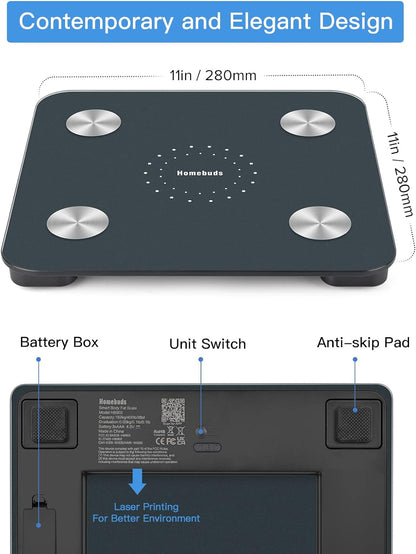 Homebuds Digital Bathroom Scale for Body Weight and Body Fat, Weighing Professional Since 2001, Body Composition Monitor Professional for BMI Fat Water Muscle with App, 400lb, Blue