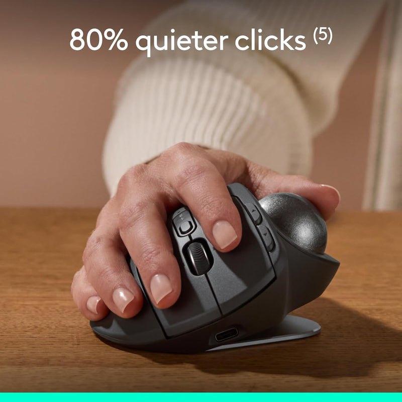 Logitech MX Ergo S Advanced Wireless Trackball Mouse, USB-C Rechargeable Wireless Ergonomic Mouse with Bluetooth and Encrypted Dongle, 6 Programmable Buttons, for PC/Mac - Graphite