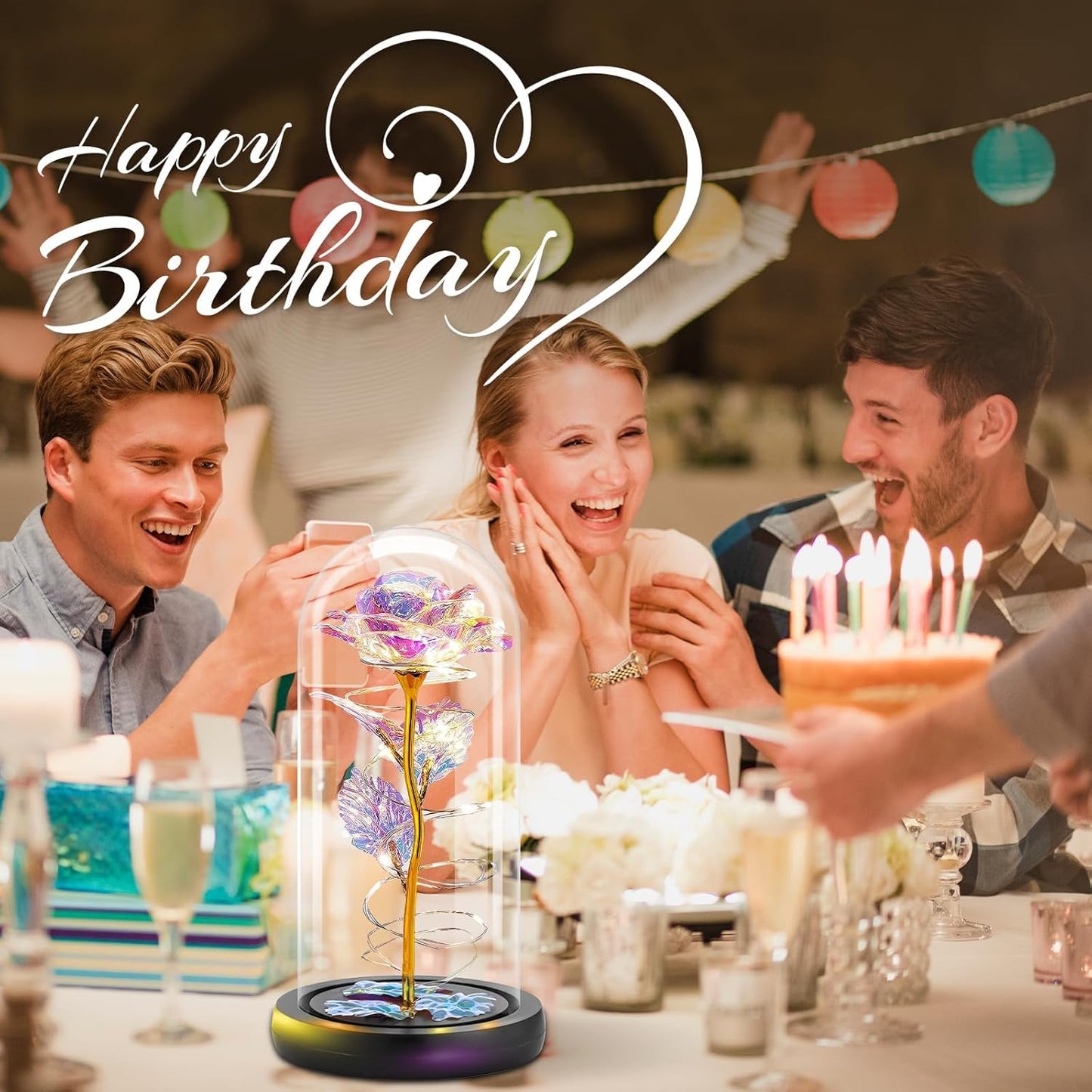 Otlonpe Birthday Gifts for Women, Mothers Day Flowers Gifts for Mom Wife from Kids Daughter Son Husband, Rainbow Light Up Rose in A Glass Dome for Mom Wife, Mother's Day, Christmas Day