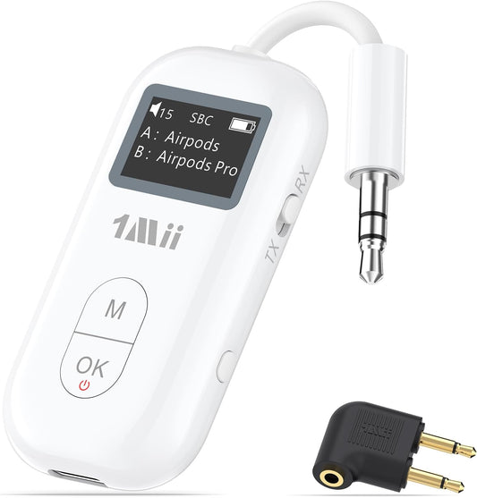1Mii SafeFly Pro Bluetooth 5.3 Transmitter Receiver, Wireless Audio Adapter w/Screen for 2 Bluetooth Headphones, AptX LL/HD/AD, Use with Any 3.5MM Jack on Airplane, TV & iPad/Tablet