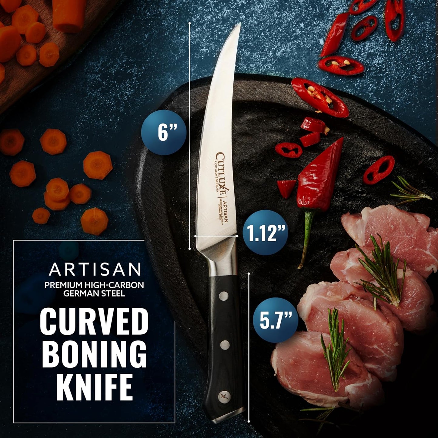 Cutluxe Curved Boning Knife – 6" Boning Knife for Meat Cutting, Fillet Knife – High Carbon German Steel, Full Tang & Ergonomic Handle Design – Artisan Series