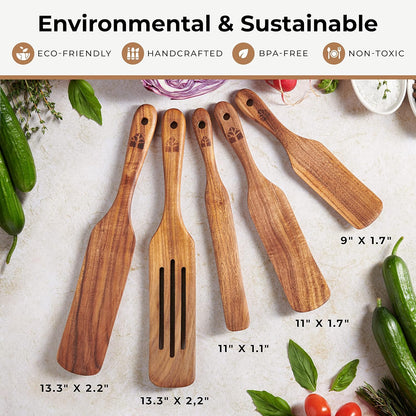 Wooden Spurtle Set, Teak Spurtles Kitchen Tools, Wooden Spatula for Cooking, Wood Utensils Set of 5, Non Stick Cookware for Serving, Stirring, Mixing, Scraping, Scooping, Healthy and Heat Resistant