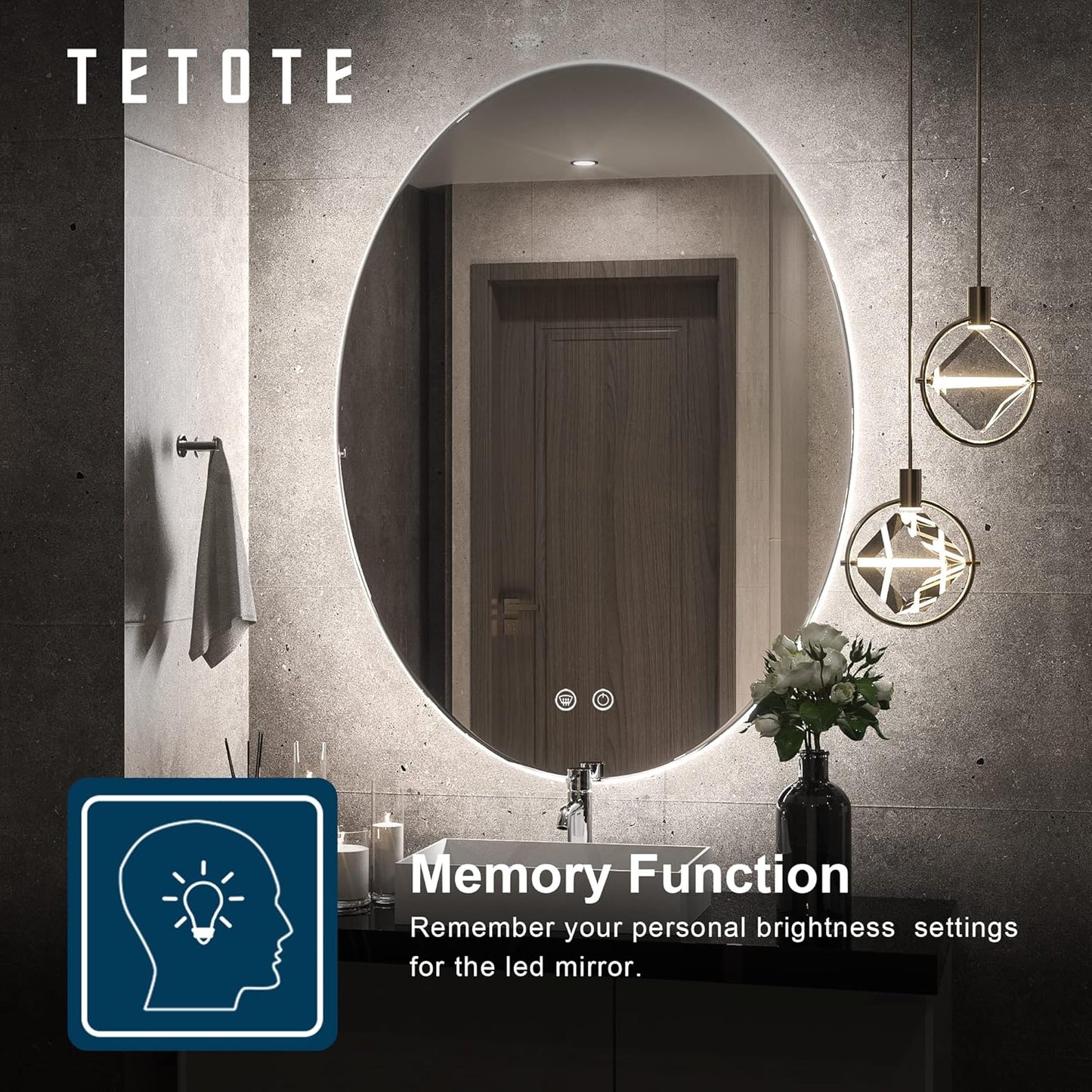TETOTE 28 Inch Round LED Bathroom Vanity Mirror, Anti-Fog Dimmable Lights IP54 Waterproof Circle Makeup Wall Mounted Mirror