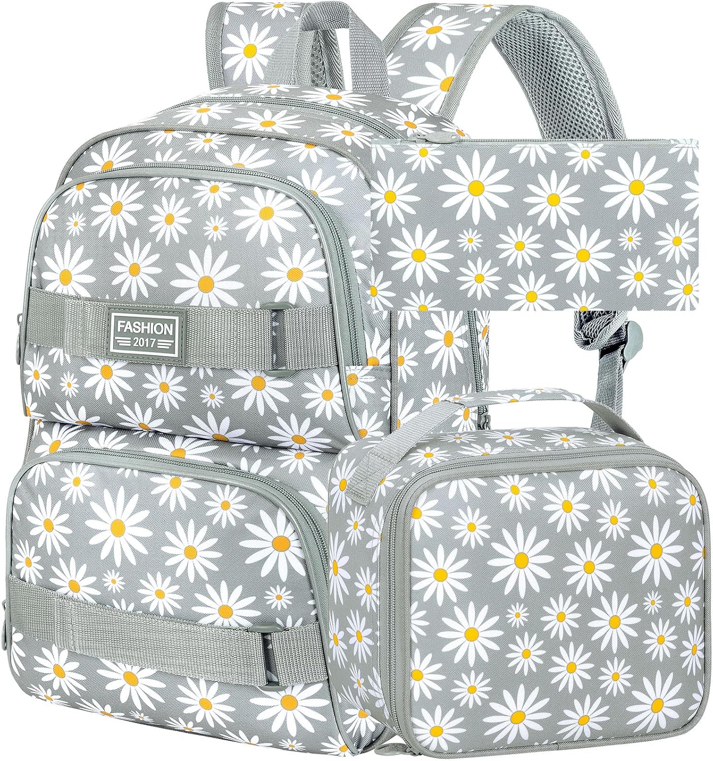 3PCS Daisy Girls Backpack, 17 Inch Laptop School Bookbag Teen College Water Resistant Kids Backpacks with Lunch Box Set - Grey