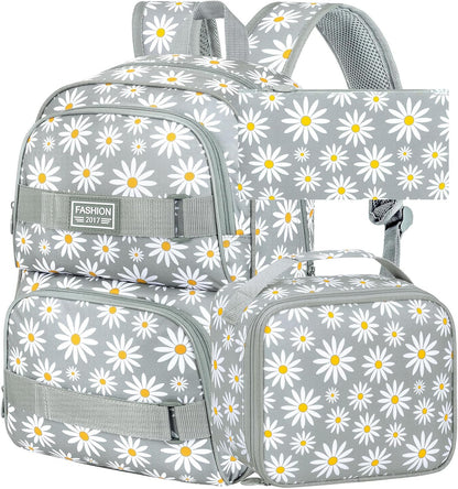 3PCS Daisy Girls Backpack, 17 Inch Laptop School Bookbag Teen College Water Resistant Kids Backpacks with Lunch Box Set - Grey