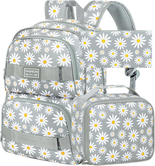 3PCS Daisy Girls Backpack, 17 Inch Laptop School Bookbag Teen College Water Resistant Kids Backpacks with Lunch Box Set - Grey