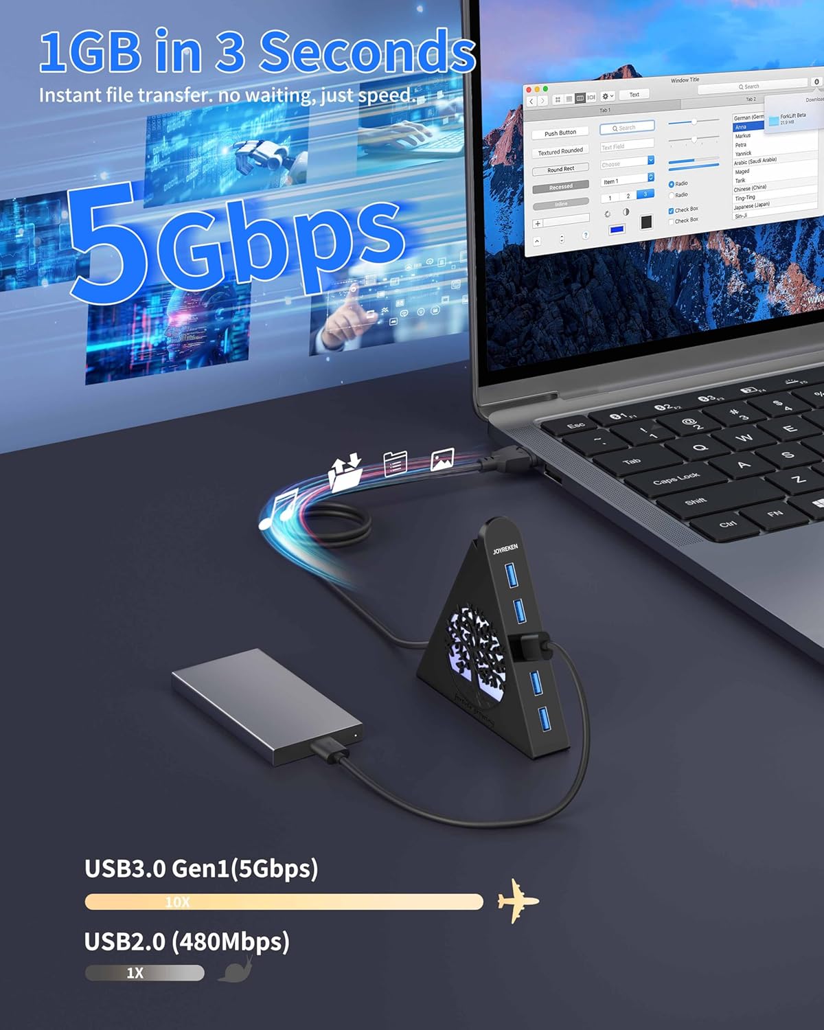 7-Port USB 3.0 Hub with RGB Lighting, Vertical USB Hub Splitter, 5Gbps High-Speed Data Transfer, Plug and Play USB Expansion Hub with 2FT Extension Cable - PuriLite