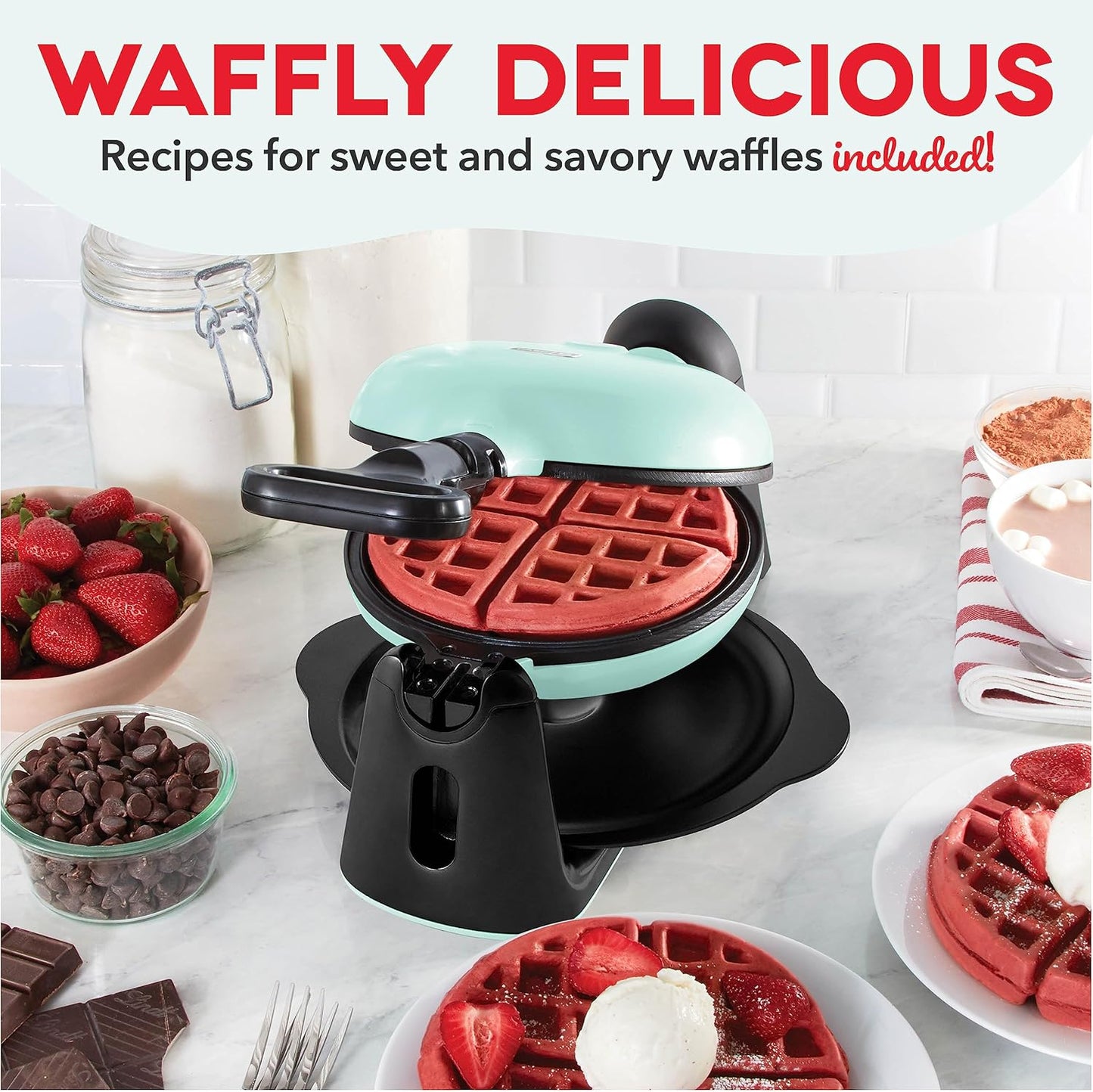DASH Flip Belgian Waffle Maker – 1” Thick Waffle Mold, Nonstick Waffle Iron with Quick Heat-Up, Surface - Rotating Belgian Waffle Maker for Kids and Families, Just Add Batter (Aqua)