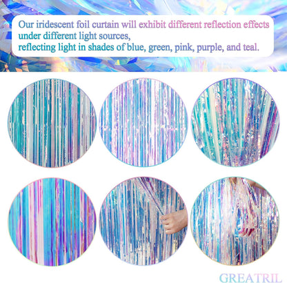 GREATRIL Iridescent Party Tinsel Fringe Backdrop Decorations - Holographic Foil Streamers Curtain for Mermaid/Under The Sea/Frozen/Ocean/Disco/Birthday Themed 3.2ft x 6.5ft - 2 PCS