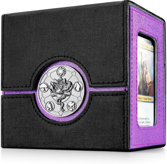 Kabinka Commander Deck Box for MTG with Metal Emblem, Card Deck Box with Dice Tray, Hold 100 Double-Sleeved Cards for TCG/PTCG, Cards Storage Case, 35PT Magnetic Card Holder (Black& Purple, Lotus)