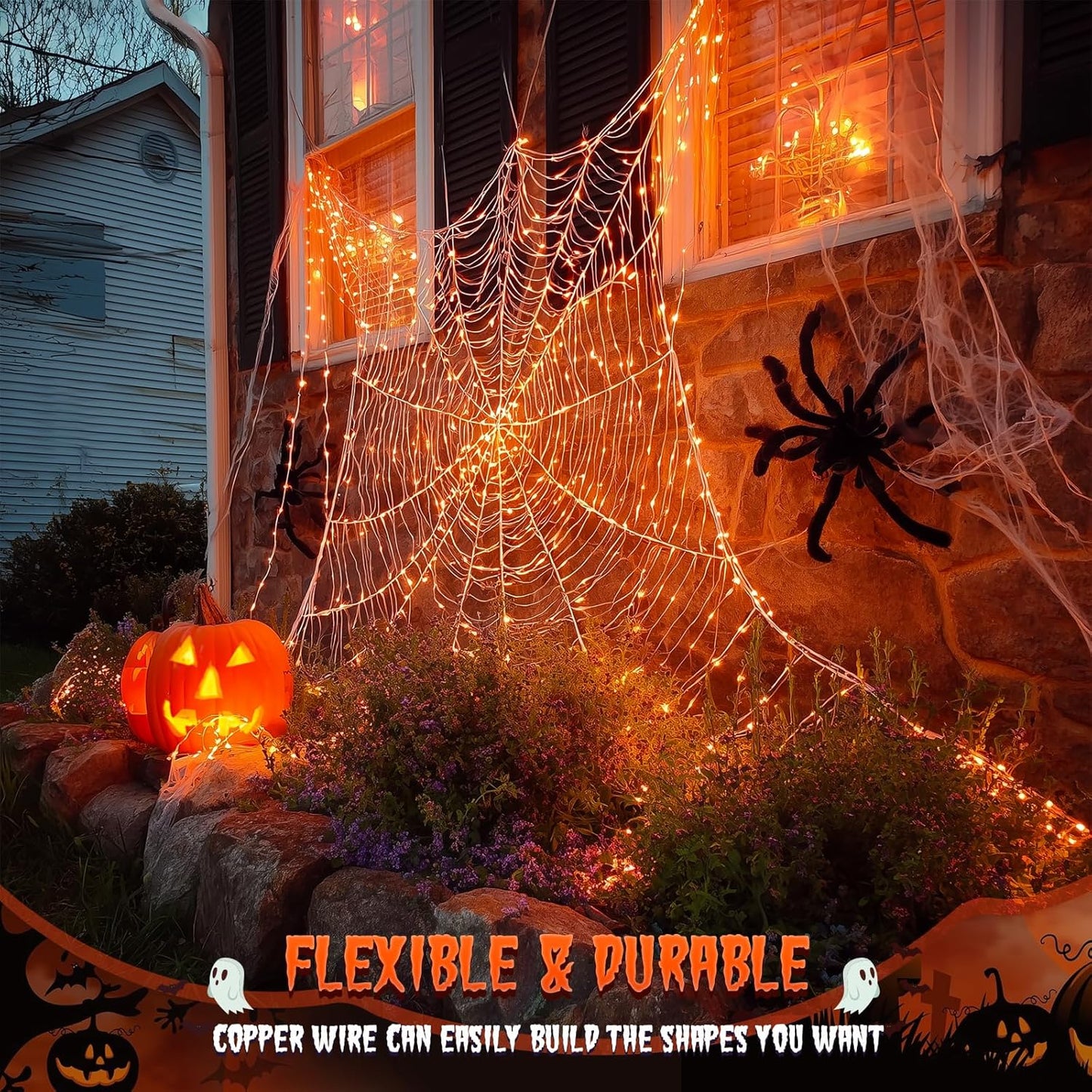 Solar Halloween Decoration Lights, JMEXSUSS 2 Pack 33FT 100 LED Orange and Purple Halloween String Lights, Halloween Lights with 8 Modes for Halloween Tree Yard Outdoor Spooky Party Garden Decorations