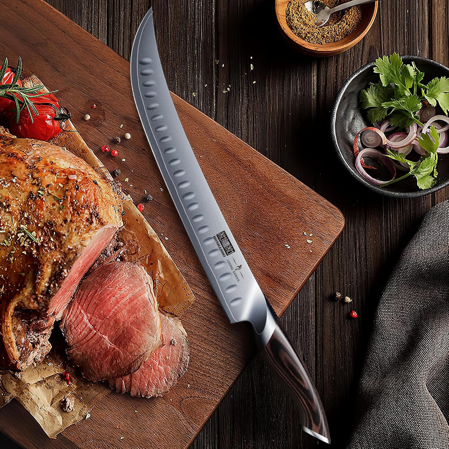 HOSHANHO Carving Knife 12 Inch, Japanese High Carbon Steel Slicing Knife with Ergonomic Pakkawood Handle, Razor Sharp Brisket Knife for Meat Cutting, BBQ, Turkey