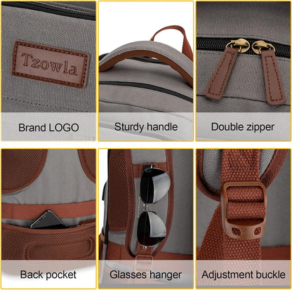 Tzowla Canvas Laptop Backpack Men,Bag for Women,School Travel College Work Rucksack Fits 15.6 Inch Laptop,Bookbag with USB Charging Port,Dark Grey