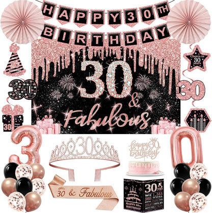 40th Birthday Decorations for Women,32pcs 40th Birthday Party Decorations,Including Backdrop, Crown,Sash,banner, Hanging Swirl,Cake Topper,balloons,Paper Fans,Anniversary Card and paper fans