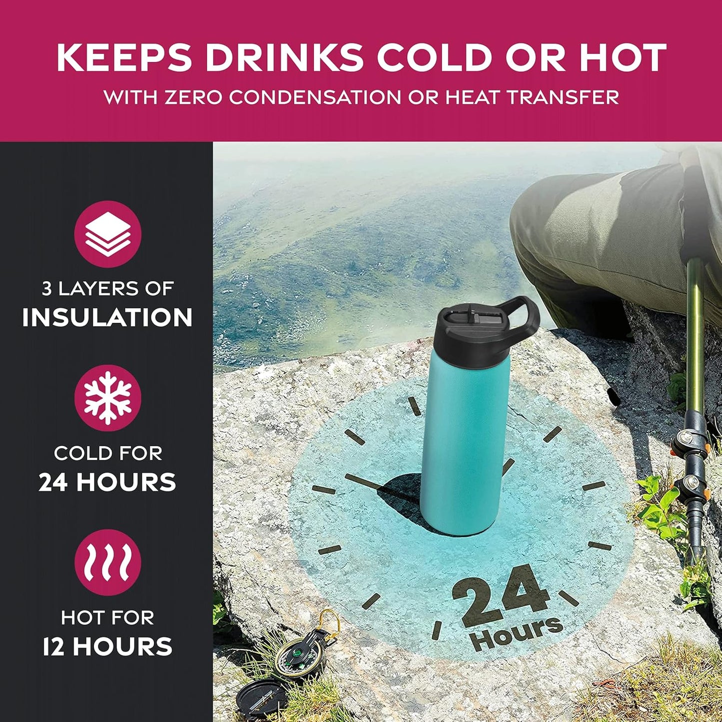 FineDine Water Bottle - Stainless Steel Insulated Water Bottle with Straw Lid, Flip Lid & Wide-Mouth Cap - Keeps Hot and Cold - 25 Oz / 739ml - Pure Pearly White