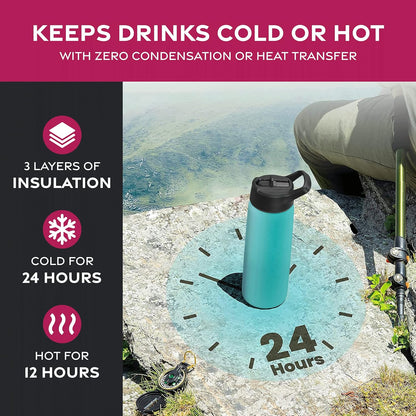 FineDine Water Bottle - Stainless Steel Insulated Water Bottle with Straw Lid, Flip Lid & Wide-Mouth Cap - Keeps Hot and Cold - 25 Oz / 739ml - Pure Pearly White