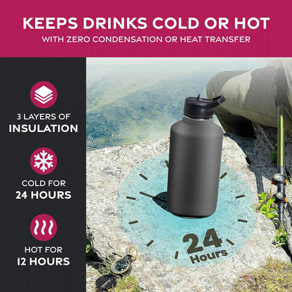 FineDine Water Bottle - Stainless Steel Insulated Water Bottle with Straw Lid, Flip Lid & Wide-Mouth Cap - Keeps Hot and Cold - 25 Oz / 739ml - Pure Pearly White