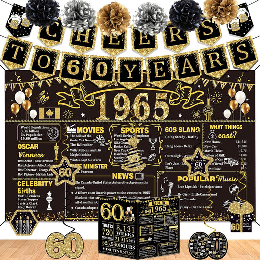 60th Birthday Decorations for Men Women,16PCS Back in 1965 Banner Decorations,Including Vintage 1965 Banner,1965 Anniversary Card,Cheers to 60 years banner,7 Hanging Swirl,6 paper Poms