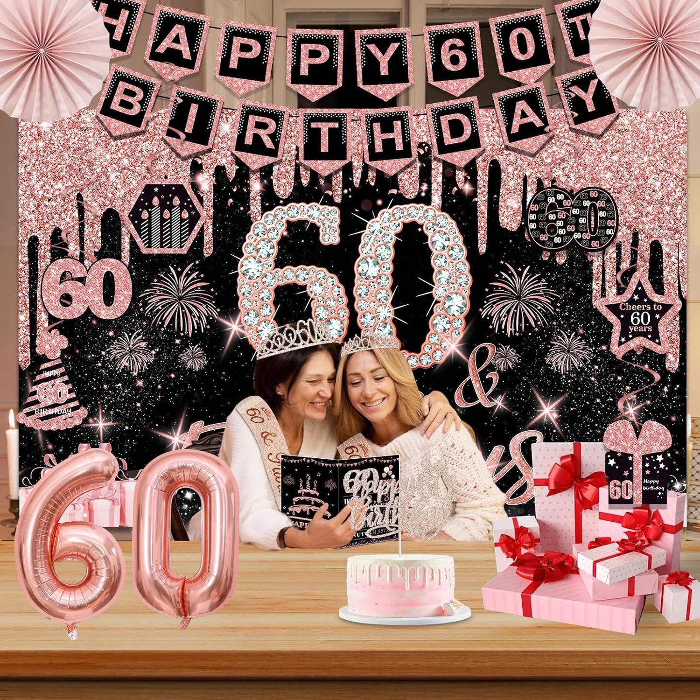 40th Birthday Decorations for Women,32pcs 40th Birthday Party Decorations,Including Backdrop, Crown,Sash,banner, Hanging Swirl,Cake Topper,balloons,Paper Fans,Anniversary Card and paper fans