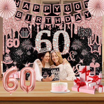 40th Birthday Decorations for Women,32pcs 40th Birthday Party Decorations,Including Backdrop, Crown,Sash,banner, Hanging Swirl,Cake Topper,balloons,Paper Fans,Anniversary Card and paper fans