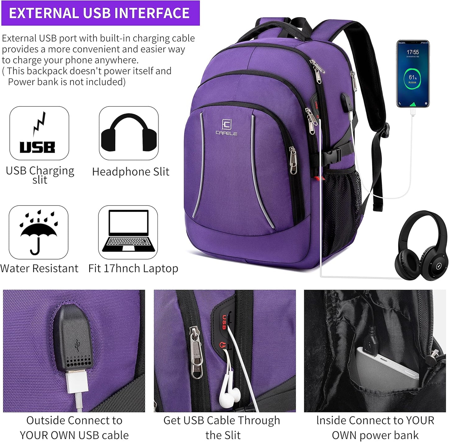 RFID Cafele Laptop Backpack Travel Computer Backpack College Bookbag School Backpack with USB Charging Port