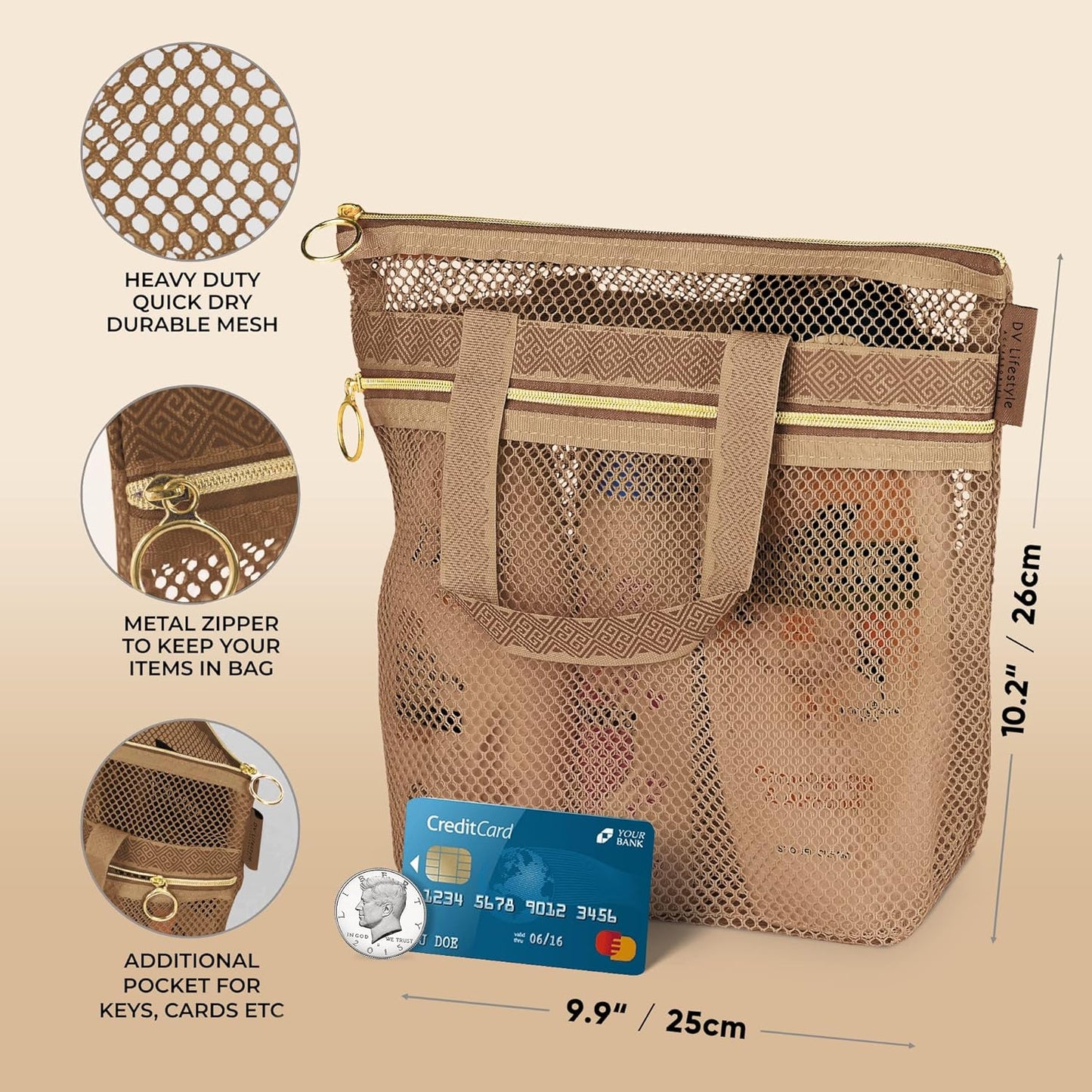 Mesh Shower Caddy Portable 10.2x9.9'' Shower Bag with Zipper & 2 Pockets. Shower Tote Ideal for Gym, Travel, Camp, Beach, for Sunscreen, Dorm & College Essentials (Black)