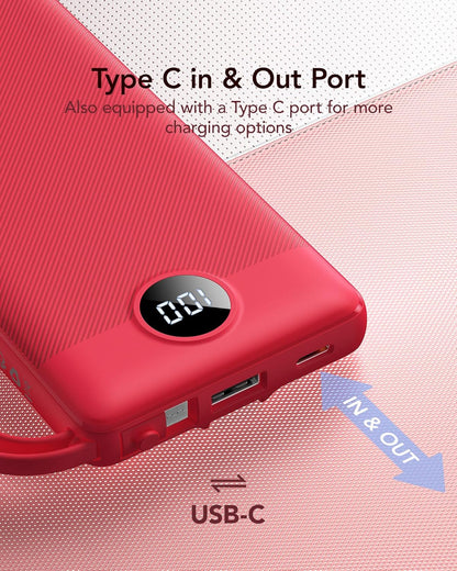 VRURC 10000mAh Power Bank Built-in Cables, Portable Charger with LED Display, Slim Intelligent Travel Battery Pack with Cords, 5 Output Dual Input Phone Charger for Cell Phone Smart Devcies-Blue
