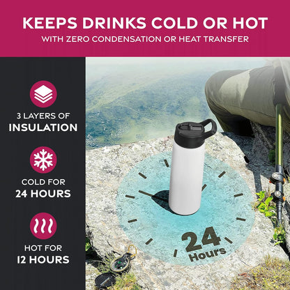 FineDine Water Bottle - Stainless Steel Insulated Water Bottle with Straw Lid, Flip Lid & Wide-Mouth Cap - Keeps Hot and Cold - 25 Oz / 739ml - Pure Pearly White