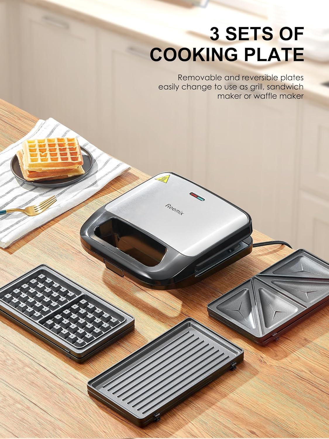 Reemix 3-in-1 Waffle, Grill & Sandwich Maker, Panini Press Grill and Waffle Iron Set with Removable Non-Stick Plates, Perfect for Cooking Grilled Cheese, Tuna Melts, Burgers, Steaks and Snacks, Black