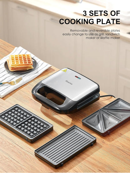Reemix 3-in-1 Waffle, Grill & Sandwich Maker, Panini Press Grill and Waffle Iron Set with Removable Non-Stick Plates, Perfect for Cooking Grilled Cheese, Tuna Melts, Burgers, Steaks and Snacks, Black