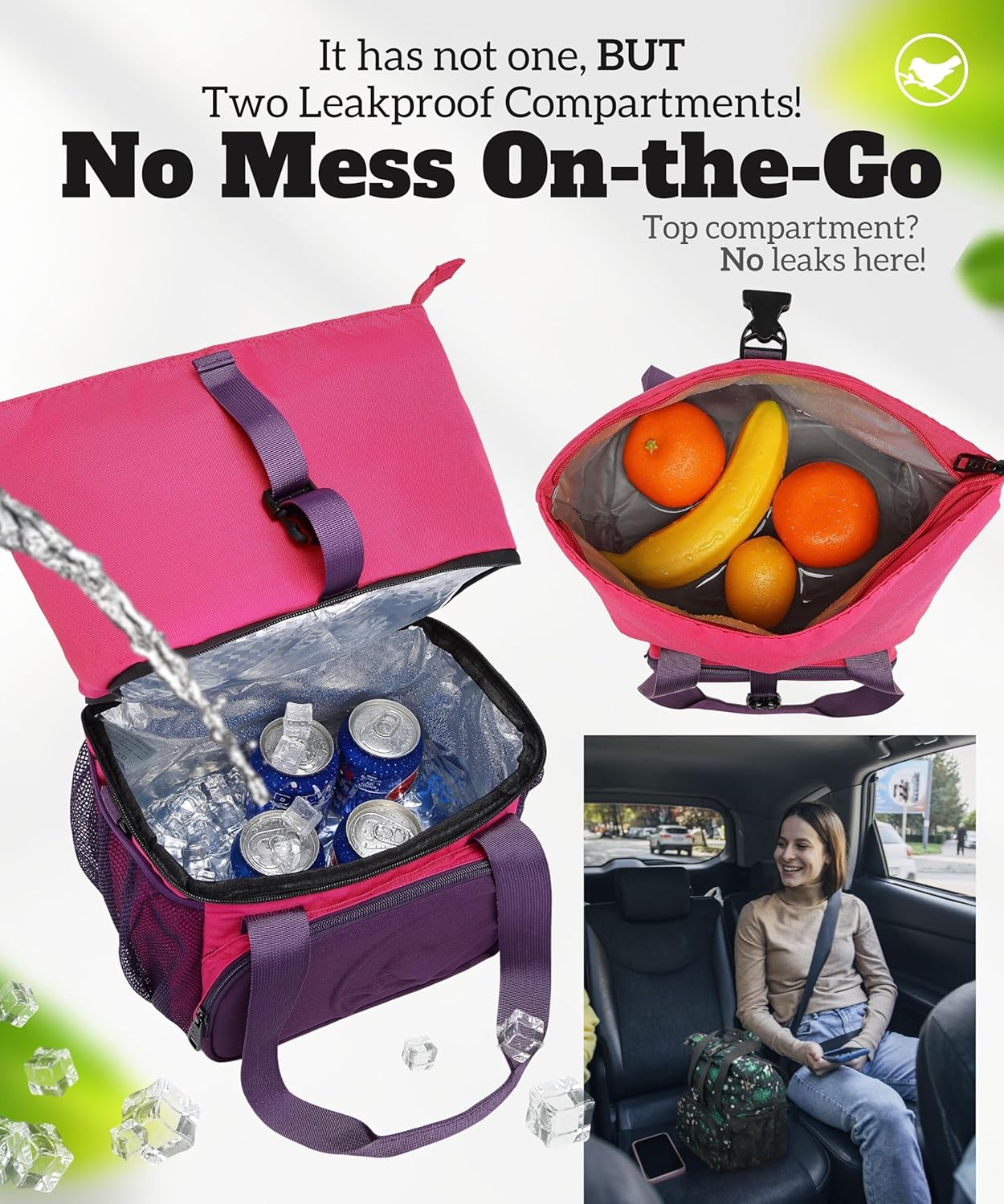 SUNNY BIRD Dual Compartment Lunch Bag Insulated Lunch Box for Women and Men (Green with Boho Strap)