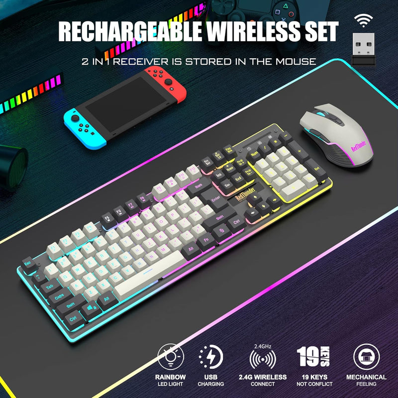 RedThunder K10 Wireless Gaming Keyboard and Mouse Combo, LED Backlit Rechargeable 3800mAh Battery, Mechanical Feel Anti-ghosting Keyboard + 7D 3200DPI Mice for PC Gamer (Black)