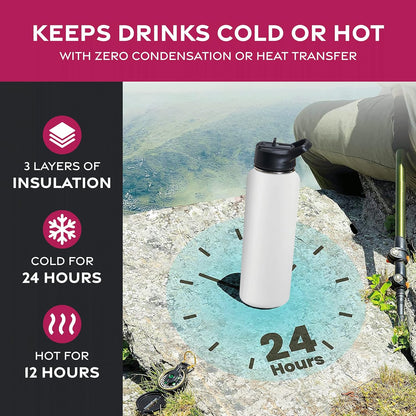 FineDine Water Bottle - Stainless Steel Insulated Water Bottle with Straw Lid, Flip Lid & Wide-Mouth Cap - Keeps Hot and Cold - 25 Oz / 739ml - Pure Pearly White