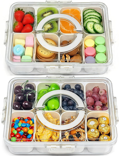 Pure Future Snackle Box Container with Handle - 8 Compartment Divided Serving Tray with Lid - Crystal Clear Charcuterie Box for Travel, Parties, Movie Nights & Daily Snacks (Hand Wash Only)