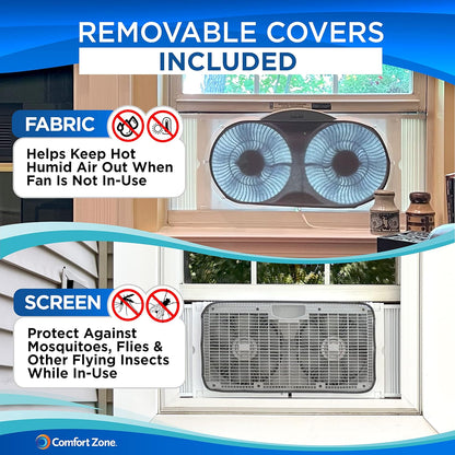 Comfort Zone 9-Inch Window Fan with Dual 3-Speed Fans, Auto-Locking Expanders, 3 Modes (Cool, Circulate, Exhaust), Wi-Fi App Control, Fabric Cover & Bug Screen