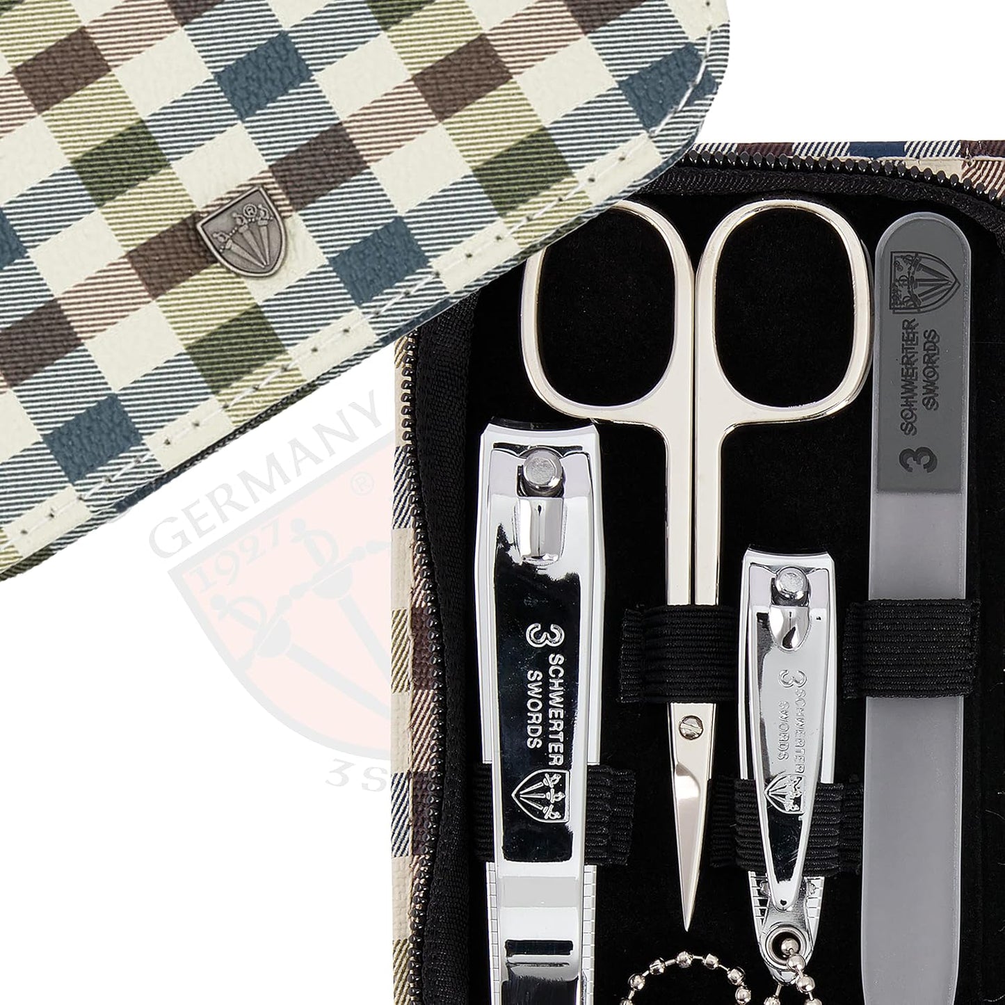 3 Swords Germany - brand quality 8 piece manicure pedicure grooming kit set for professional finger & toe nail care scissors clipper fashion leather case camou in gift box, Made in Germany