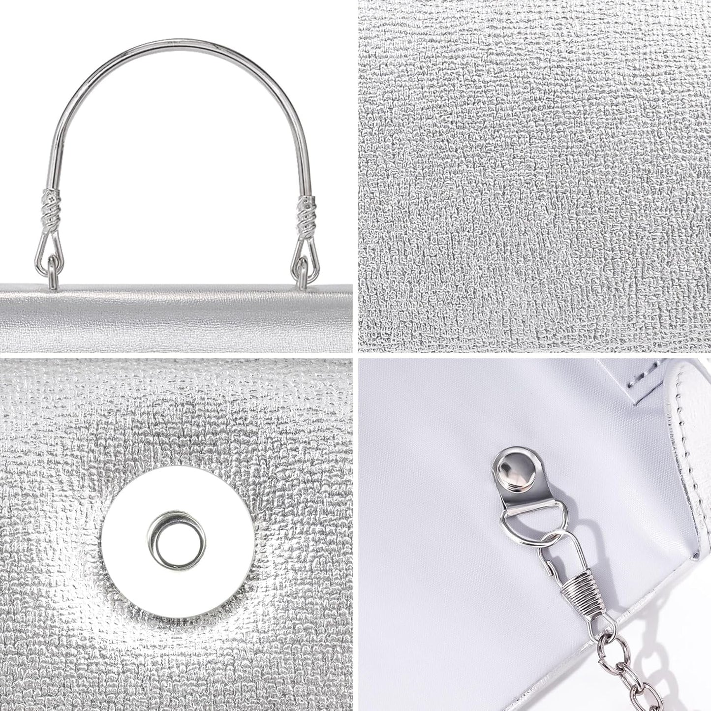 Larcenciel Clutch Purses for Women, Elegant Metallic Silver Evening Handbags with 2 Chain Straps, Fashion Vegan Leather Ladies Party Bags for Prom Wedding Cocktail Club Formal Events Nights Out, Small - PuriLite