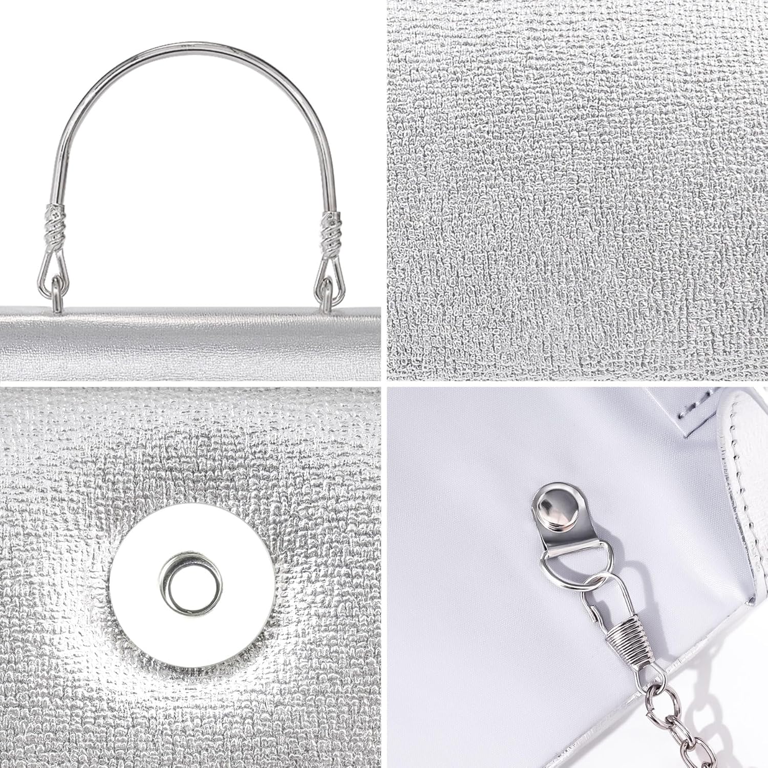 Larcenciel Clutch Purses for Women, Elegant Metallic Silver Evening Handbags with 2 Chain Straps, Fashion Vegan Leather Ladies Party Bags for Prom Wedding Cocktail Club Formal Events Nights Out, Small - PuriLite