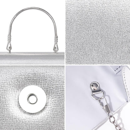 Larcenciel Clutch Purses for Women, Elegant Metallic Silver Evening Handbags with 2 Chain Straps, Fashion Vegan Leather Ladies Party Bags for Prom Wedding Cocktail Club Formal Events Nights Out, Small - PuriLite
