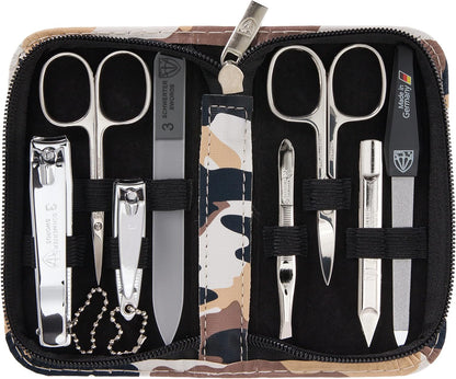 3 Swords Germany - brand quality 8 piece manicure pedicure grooming kit set for professional finger & toe nail care scissors clipper fashion leather case camou in gift box, Made in Germany